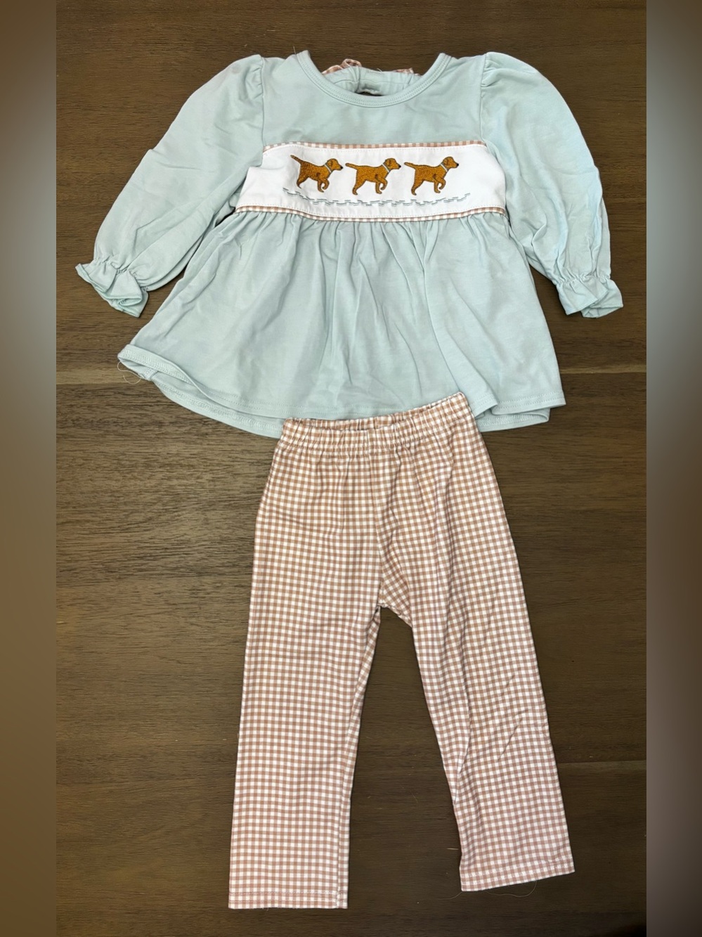 Kids Two-Piece Top & Legging Set with Dog Smocking - Light Blue & Tan